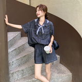 盐甜系穿搭薄款牛仔衬衫套装女夏季新款复古减龄小个子短裤两件套，女装套装/套裙，浙宝099