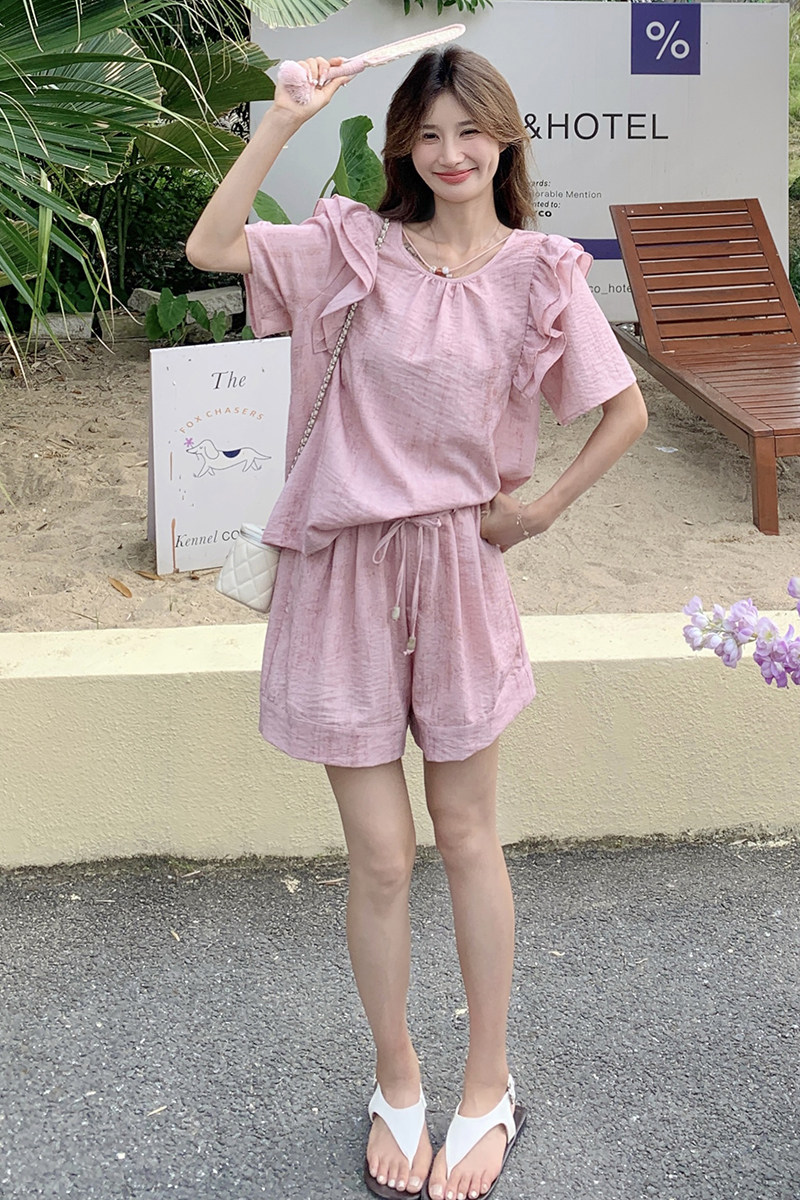 法式甜美小个子粉色天丝短袖套装女夏2025新款显瘦阔腿短裤两件套,女装套装/套裙,浙宝099