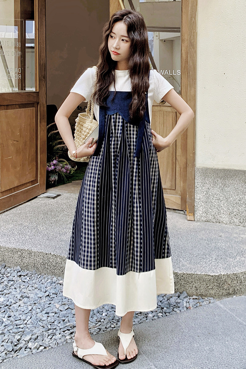 设计感小众拼接格子背带裙女2025夏新款复古百搭小个子吊带连衣裙,女装连衣裙,浙宝099