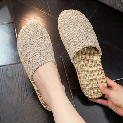 时尚亚麻凉拖鞋情侣室内静音男女新款包头透气凉鞋夏季时尚平底拖