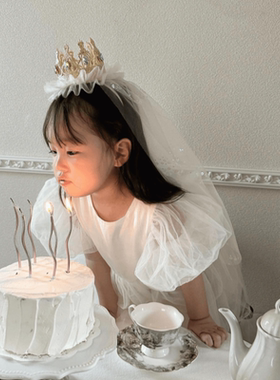 公主闪亮水钻石皇冠白色长头纱生日派对头饰儿童蕾丝发饰女孩礼物