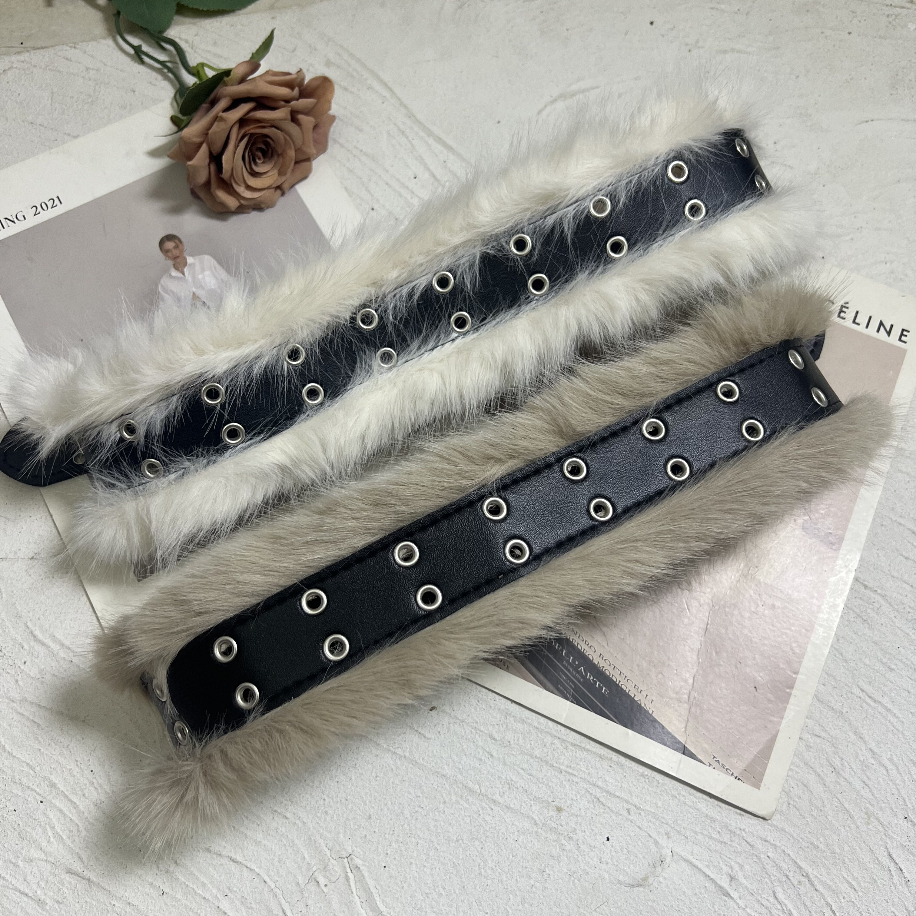 复古朋克千禧风免打孔皮带女时尚个性y2k辣妹毛毛拼接腰带配饰潮