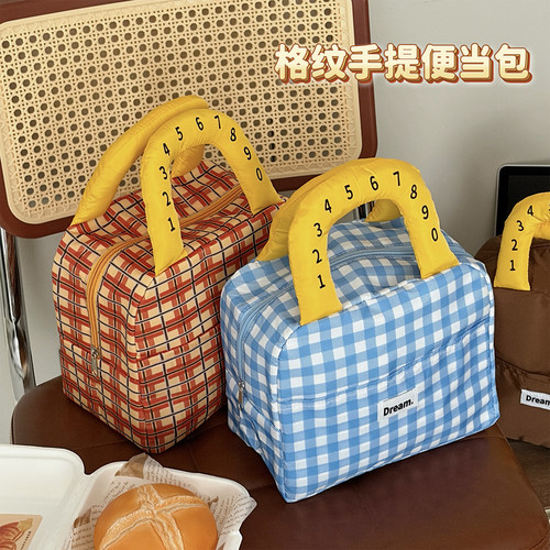 可爱手提加厚格纹便当包带饭上班