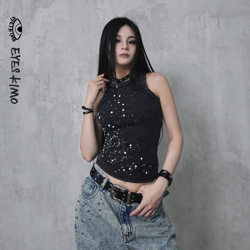 EYESKIMO原创水洗修身烫珠无袖背心破边复古重工吊带珍珠烫钻上衣,女装/女士精品,背心吊带,淘宝优惠券,粉丝福利购,淘宝优惠卷