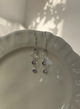 气质长款紫色耳环闪闪的耳饰925银钩圆圈百搭小众设计感耳坠高级