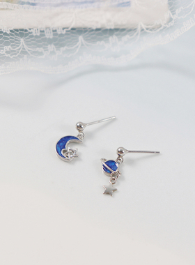 A meow 蓝色星球清新小众设计925纯银星月耳钉不对称特别的耳环女