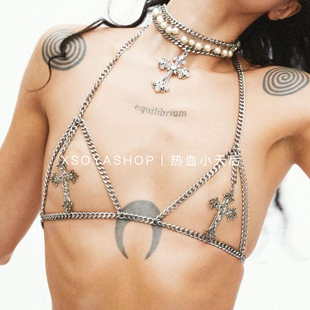 炫酷双十字朋克小众设计CROSS欧美腰链可调节胸链链条挂脖男女