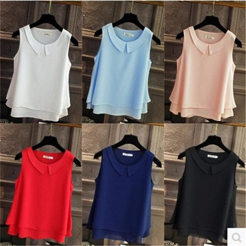 娃娃领荷叶边无袖打底背心雪纺衫