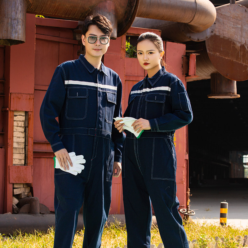 牛仔连体工作服套装男电焊工机汽维修安装修理工厂车间劳保定制