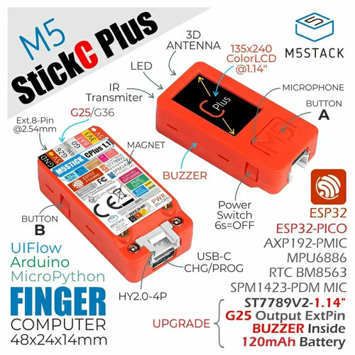 M5Stack Official StickC PLUS ESP32穿戴DIY物联网开发编程套件