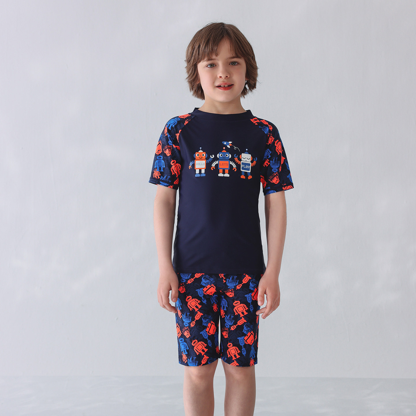 出口欧美单男中大童防晒防辐射短袖藏青机器人短裤休闲分体游泳衣