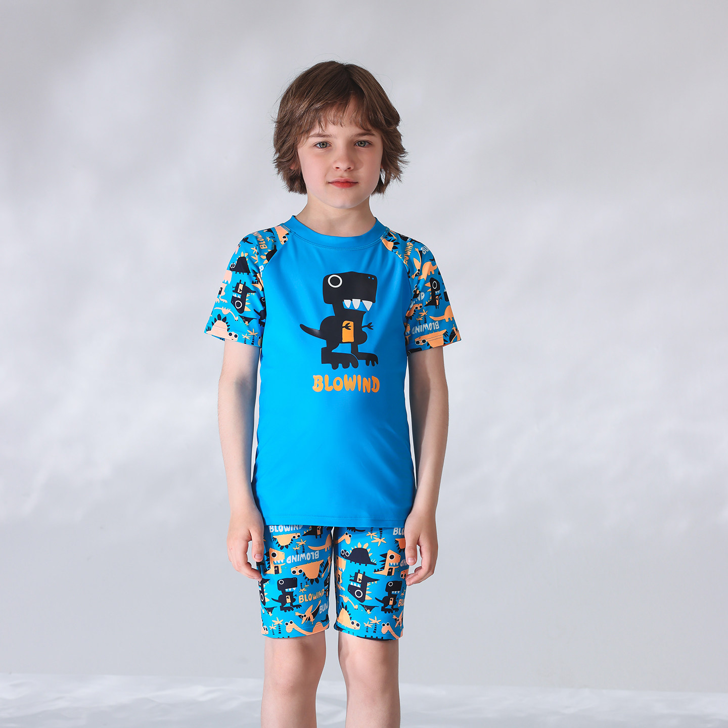 出口欧美单男中小大童防晒防辐射短袖蓝色恐龙短裤休闲分体游泳衣