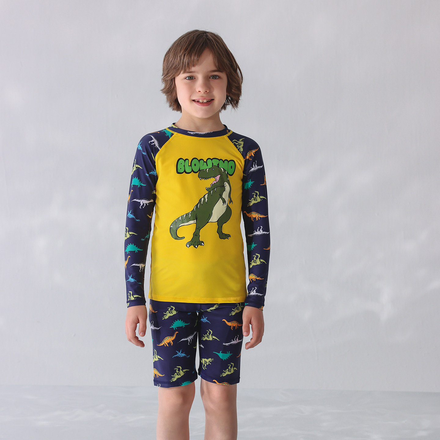 出口欧美单男中大童防晒防辐射长袖黄底霸王龙短裤休闲分体游泳衣