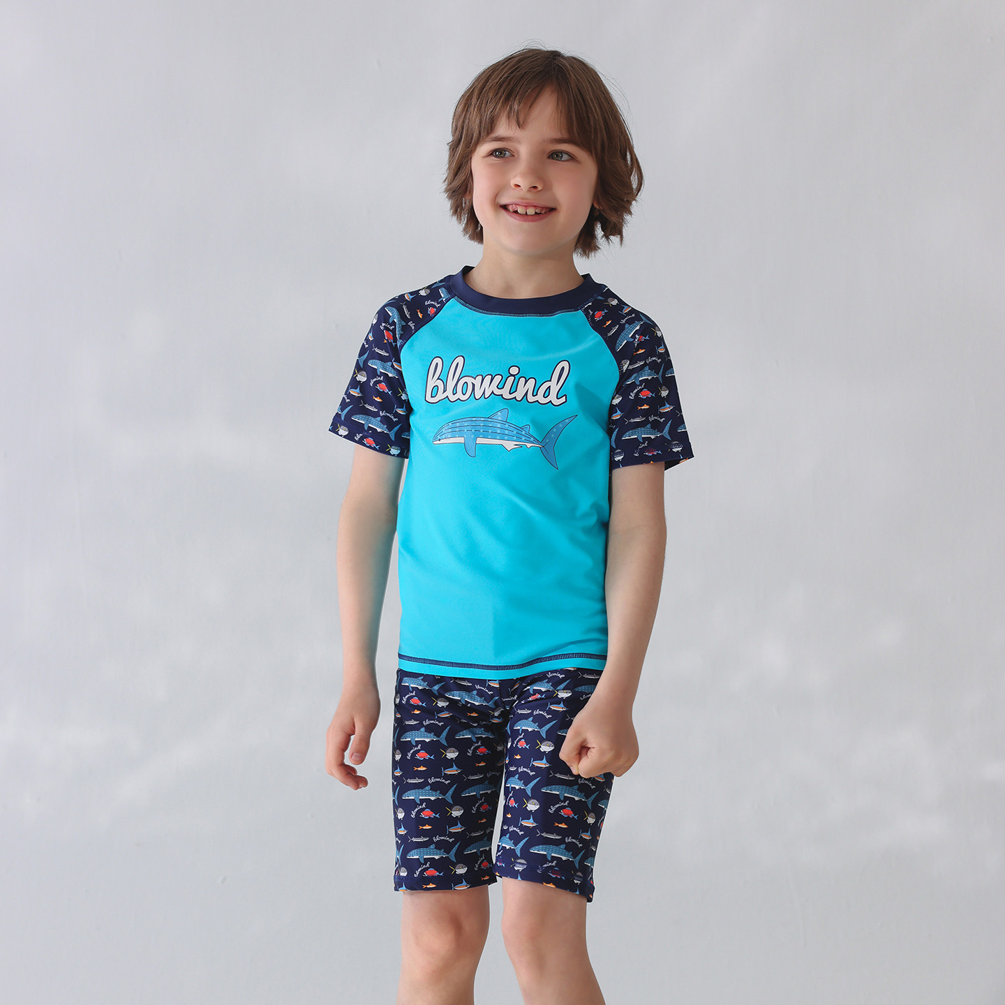 出口欧美单男中小大童防晒防辐射短袖蓝色大鱼短裤休闲分体游泳衣