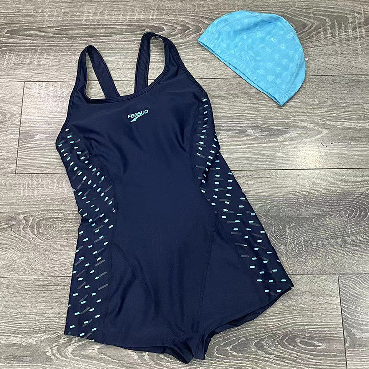 FeA女士侧边拼块圆领专业竞赛技平角裤大露背交叉简约连体游泳衣