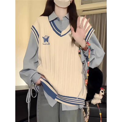 蝴蝶刺绣针织衫马甲背心蓝色衬衫