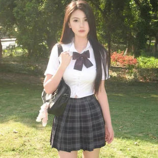 jk制服收腰短袖 衬衫 女夏季 日系学院风白色衬衣狗短格裙短裙套装