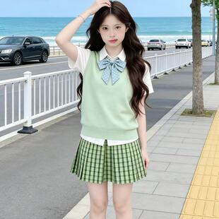 原创jk制服夏季 学院风套头v领背心马甲叠穿小青梅格裙软妹风套装
