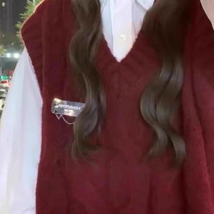 红色慵懒复古衬衫 针织背心 叠穿马甲两件套学院风新款 v领宽松无袖