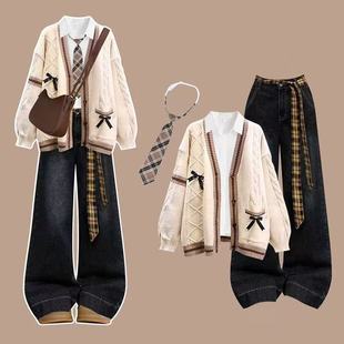 美拉德冬季穿搭学院风jk制服休闲套装巨好看的冬装一整套毛衣外套