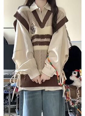 春秋新款日系甜美学院风撞色v领针织马甲女显瘦长袖衬衫单件/套装