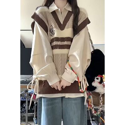 撞色v领针织马甲女显瘦长袖衬衫