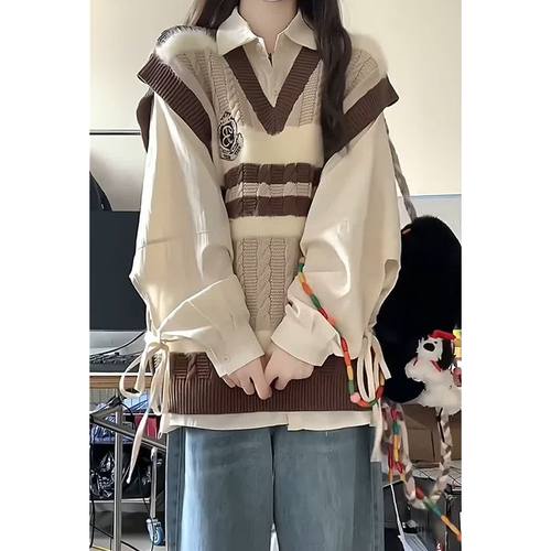 撞色v领针织马甲女显瘦长袖衬衫