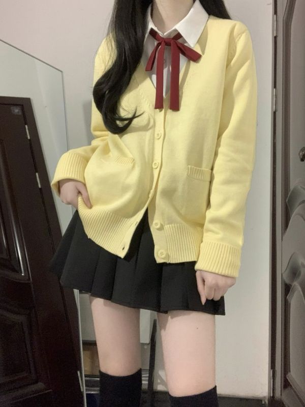 学院校供感叠穿黄色长袖针织上衣