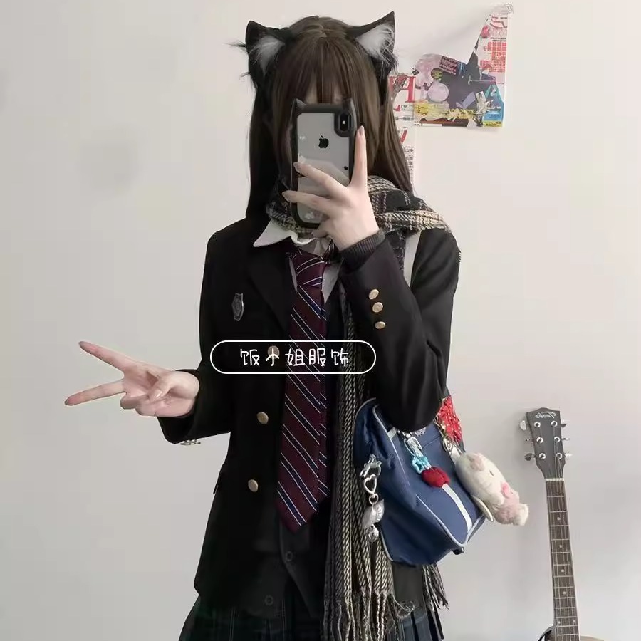 原创jk制服套装春秋正版黑色西装外套女校供学院风双排扣收腰西服