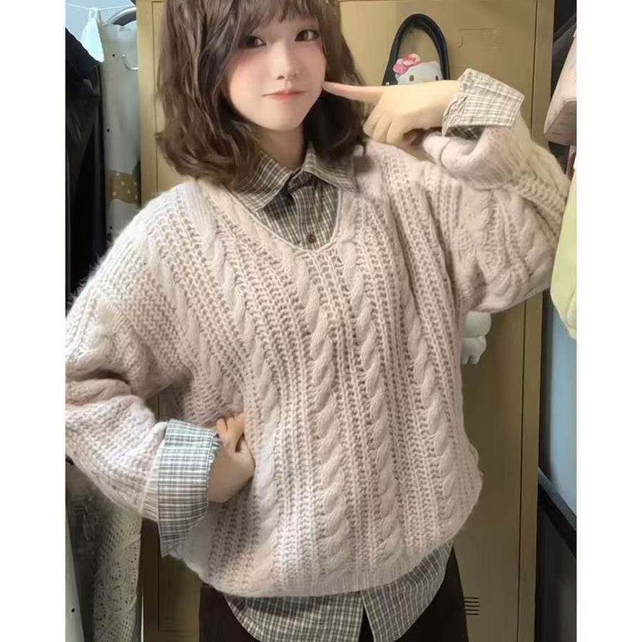 早秋韩版甜美风粉色麻花针织套头毛衣女叠穿百搭格纹衬衫两件套装