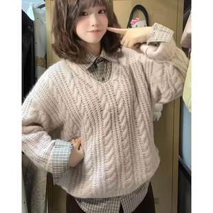 早秋韩版甜美风粉色麻花针织套头毛衣女叠穿百搭格纹衬衫两件套装