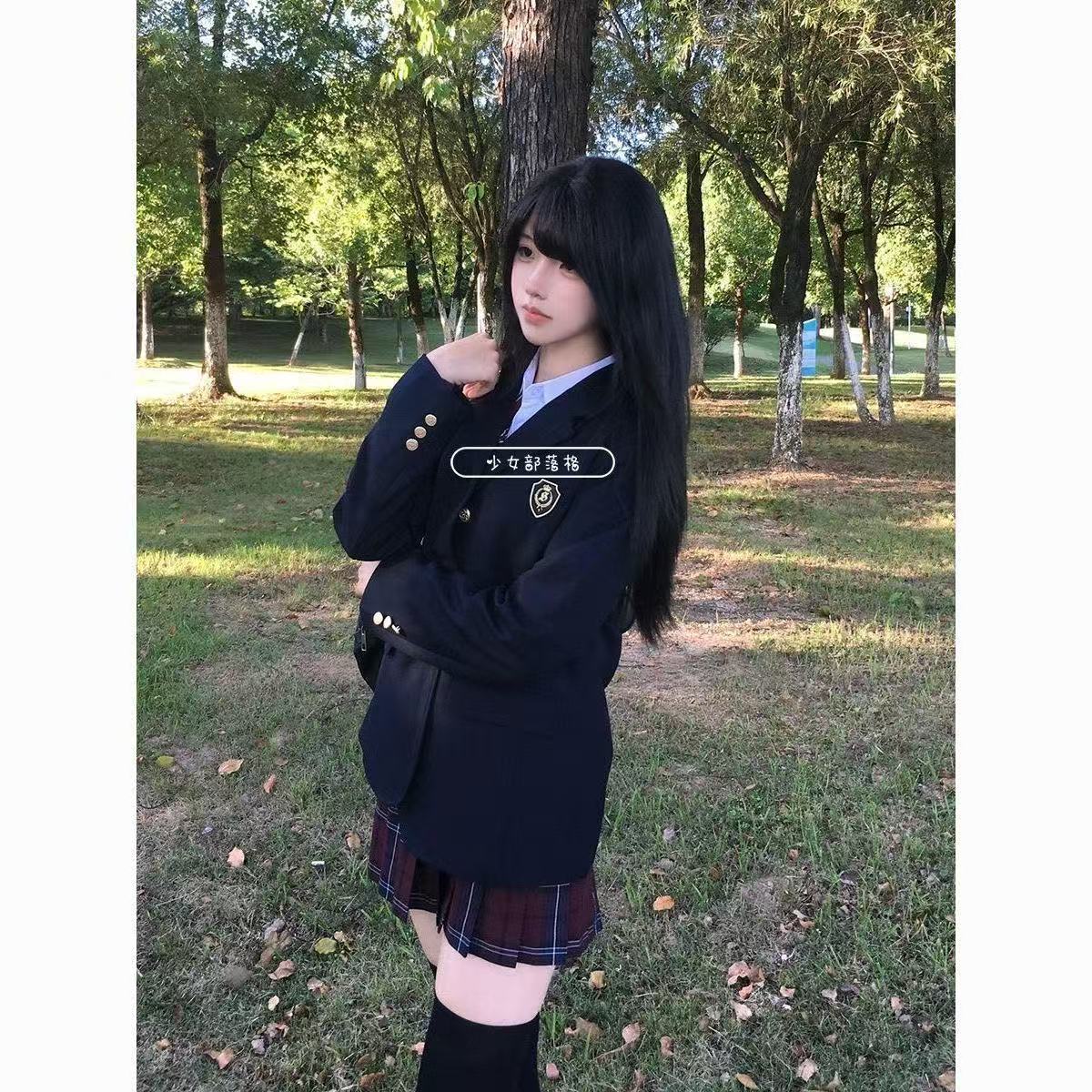 学院风绀色收腰西服裙子一整套