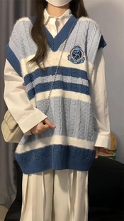 日系学院风V领条纹针织马甲背心女秋宽松慵懒风百搭叠穿坎肩上衣