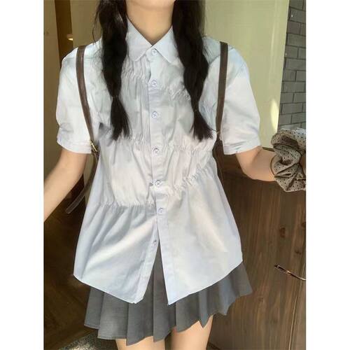 夏季蓝色衬衫女短袖新款设计感