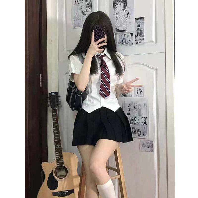 jk短袖衬衫制服套装夏季学院风收腰内搭白衬衣辣妹短显瘦上衣修身