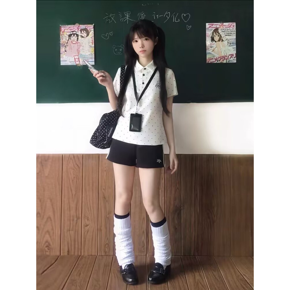 运动服两件套黑白波点短袖上衣女校供感氛围感学生排球服百搭通勤