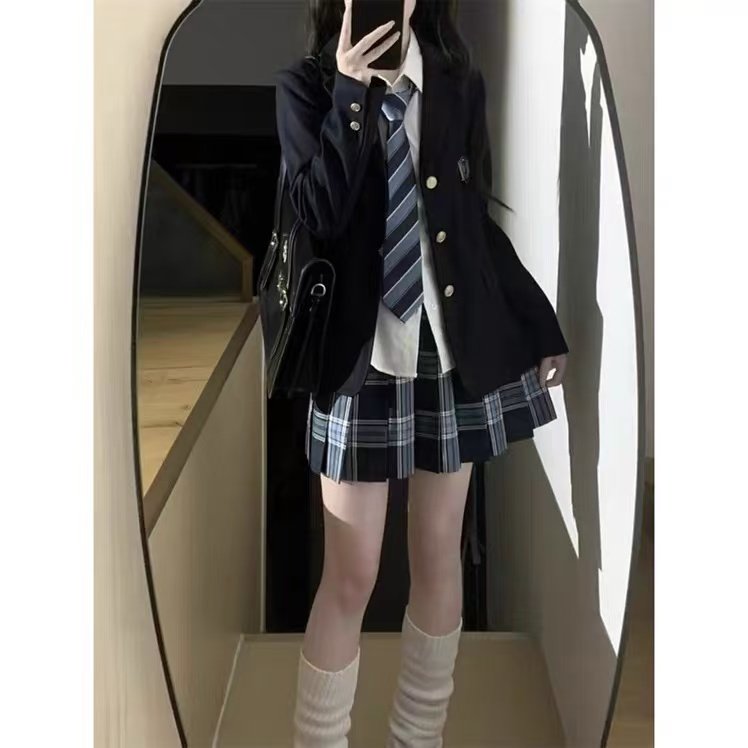 原创jk制服秋冬款学院风绀色西服外套长袖衬衫校供感格裙叠穿套装