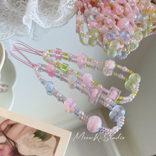 晚霞 原创串珠手机挂绳粉蓝粉绿少女手机链包包挂件