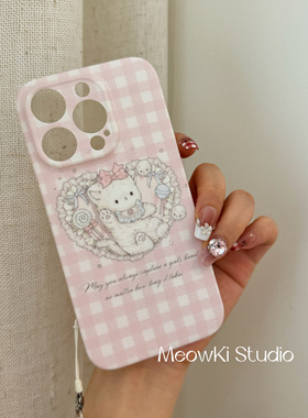 MeowKi原创粉色可爱imd磨砂手机壳格子猫咪苹果软壳适用于新款14pro苹果15promax手机壳女带挂绳全包镜头防摔