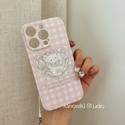MeowKi原创粉色可爱imd磨砂手机壳格子猫咪苹果软壳适用于新款14pro苹果15promax手机壳女带挂绳全包镜头防摔