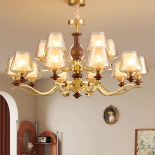 中古风吊灯全铜客厅主灯实木美式复古法式餐厅古董卧室中山灯具