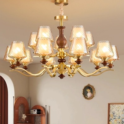 中古风吊灯全铜客厅主灯实木美式复古法式餐厅古董卧室中山灯具