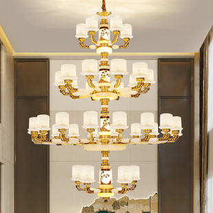 全铜玉石复式楼大吊灯别墅客厅中空挑空五层大气中山灯具包安装