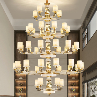 复式楼大吊灯新中式全铜玉石别墅客厅大厅挑空中空五层大气复古风