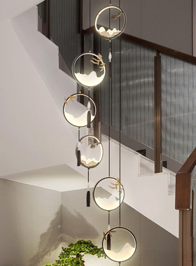 新中式楼梯吊灯loft复式长吊灯全铜山水创意中国风旋转别墅复式