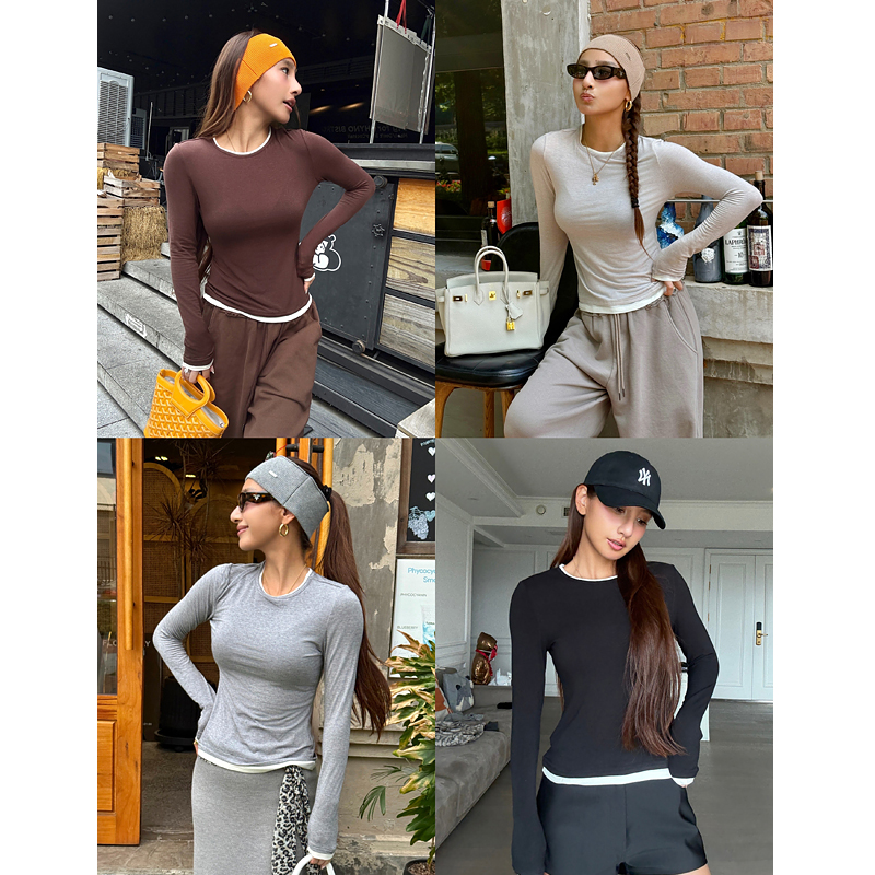 丸丸Maruco 柔软舒适山羊绒打底衫！假两件长袖纯色弹力长袖T恤