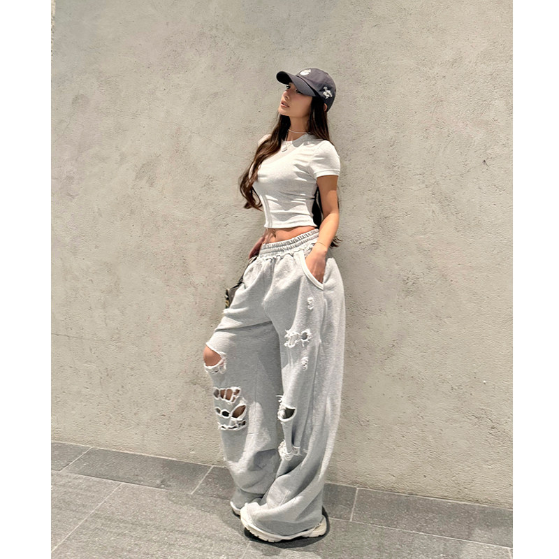 丸丸Maruco 水洗破洞运动裤!个性宽松休闲阔腿裤显瘦长裤卫裤女