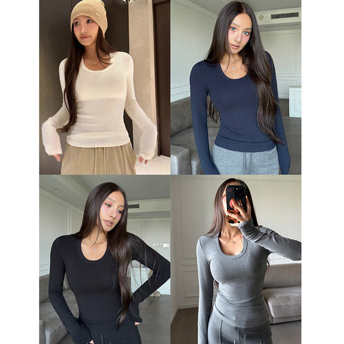 丸丸Maruco 内搭天花板!羊毛性感U领~裸感超弹打底衫显瘦长袖T恤