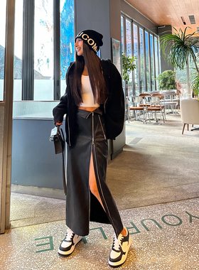 丸丸Maruco【多种穿法高腰皮裙】RO风格双拉链开衩长裙半身裙皮裙