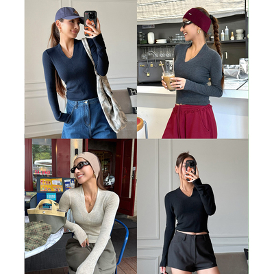 丸丸Maruco15号PM20:00 羊毛小V领针织打底衫 修身长袖上衣